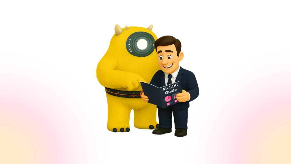 A security analyst reads an “AI-SOC Guide” alongside Radiant’s yellow mascot, illustrating the partnership between human analysts and AI systems in modern SOC environments to reduce alert fatigue and improve investigation coverage.