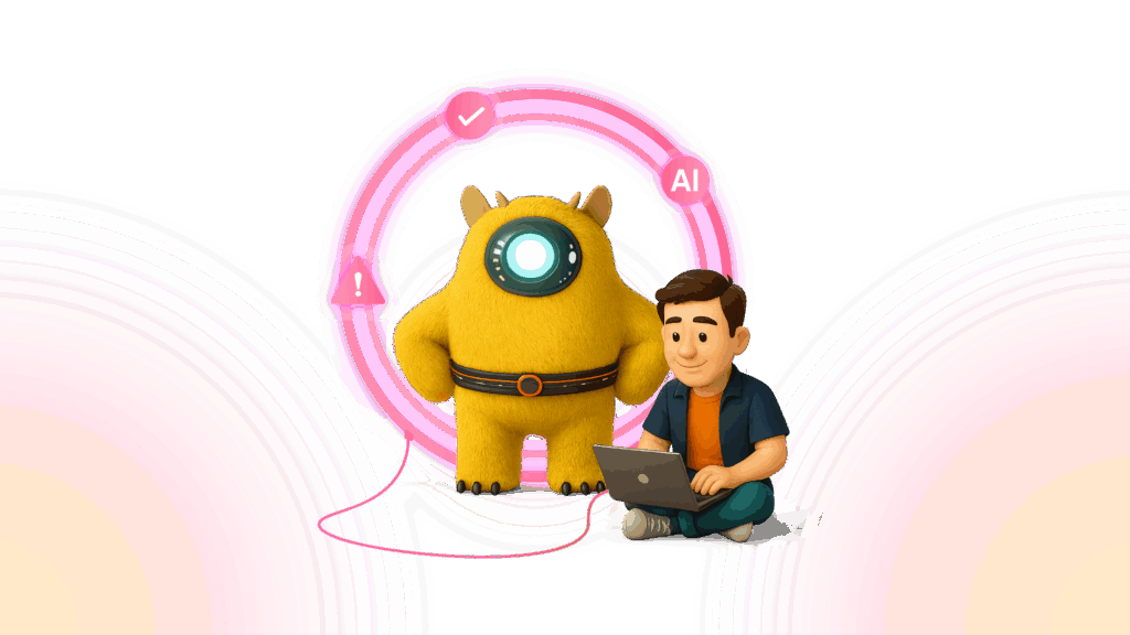 Radiant’s yellow mascot and a security analyst sit within a pink circular feedback loop icon, representing how analyst input trains and refines AI-SOC detections over time.