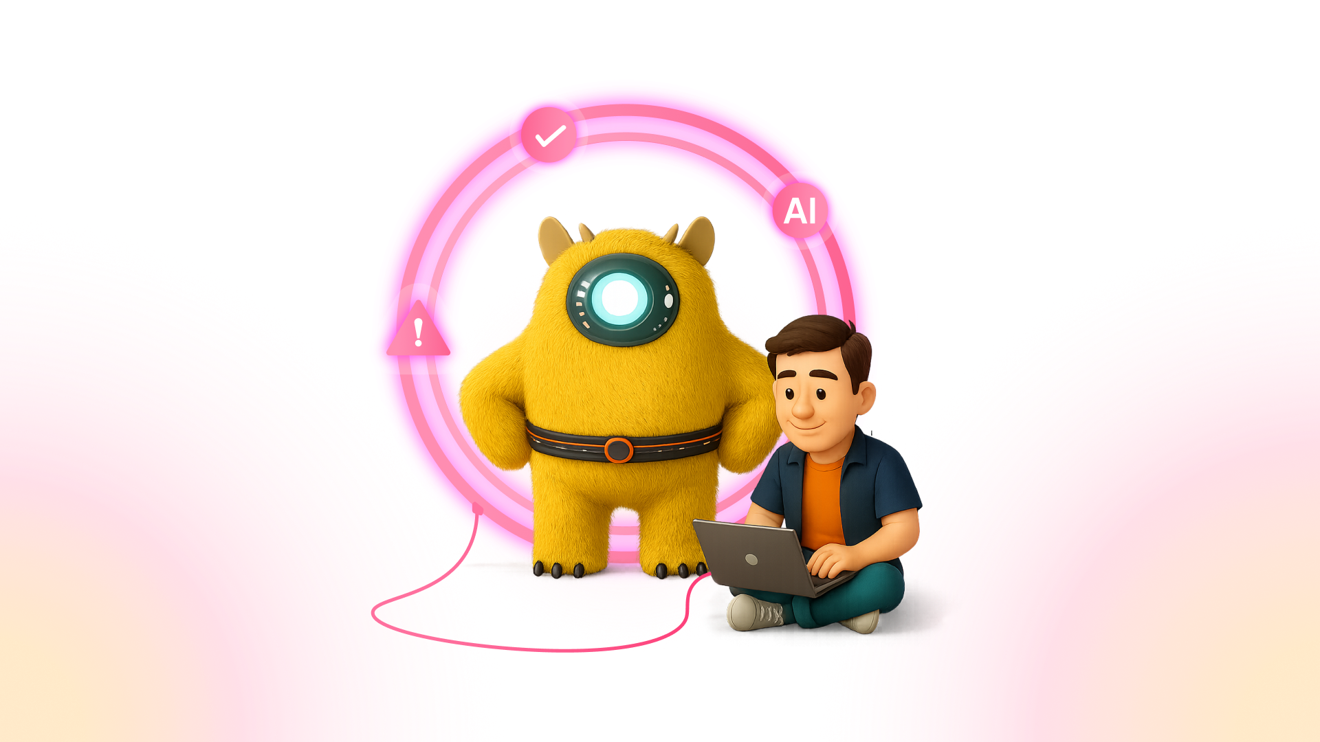 Radiant’s yellow mascot and a security analyst sit within a pink circular feedback loop icon, representing how analyst input trains and refines AI-SOC detections over time.